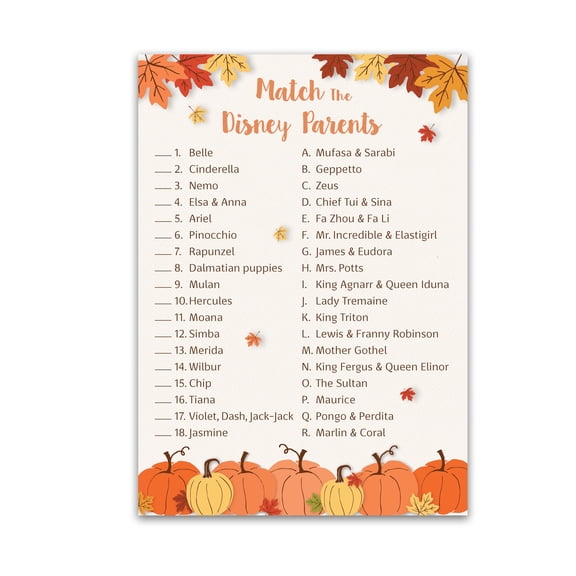 Little Pumpkin Baby Shower Game Cartoon Parent Match 25 Pack Fun Fall Baby Shower or Gender Reveal Activity, Match Famous Cartoon Parents Autumn Theme G330-DPM