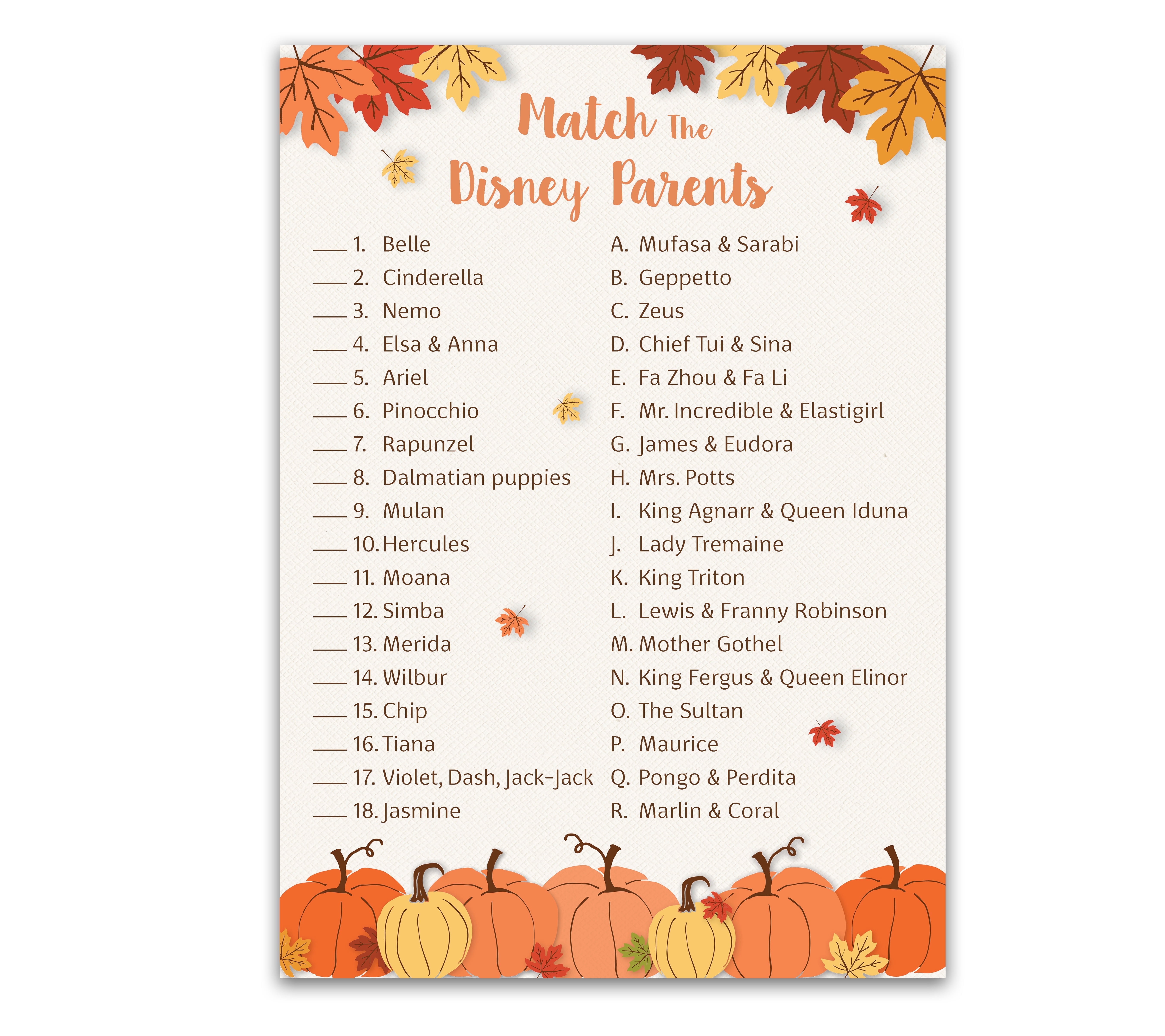 Little Pumpkin Baby Shower Game Cartoon Parent Match 25 Pack Fun Fall Baby Shower or Gender Reveal Activity, Match Famous Cartoon Parents Autumn Theme G330-DPM