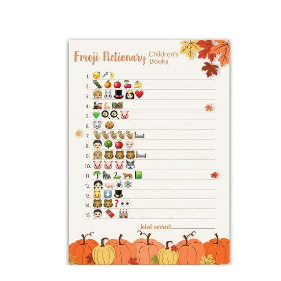 PUMPKINS EMOJI Baby Shower Game— Pack of 25 — Pictionary Children's Books, FALL Baby Shower, Rustic GENDER NEUTRAL Baby Shower Games, Little Pumpkin Autumn Baby Halloween Baby Party Games G330-EMJ