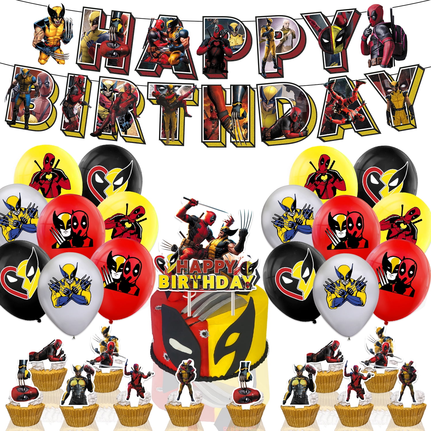 PUMPUMP Deadpool Birthday Decorations, Superhero Wolverine Birthday Party Supplies Include Banner, Cake Topper, Cupcake Toppers, Balloons for Kids Boys Party Favors