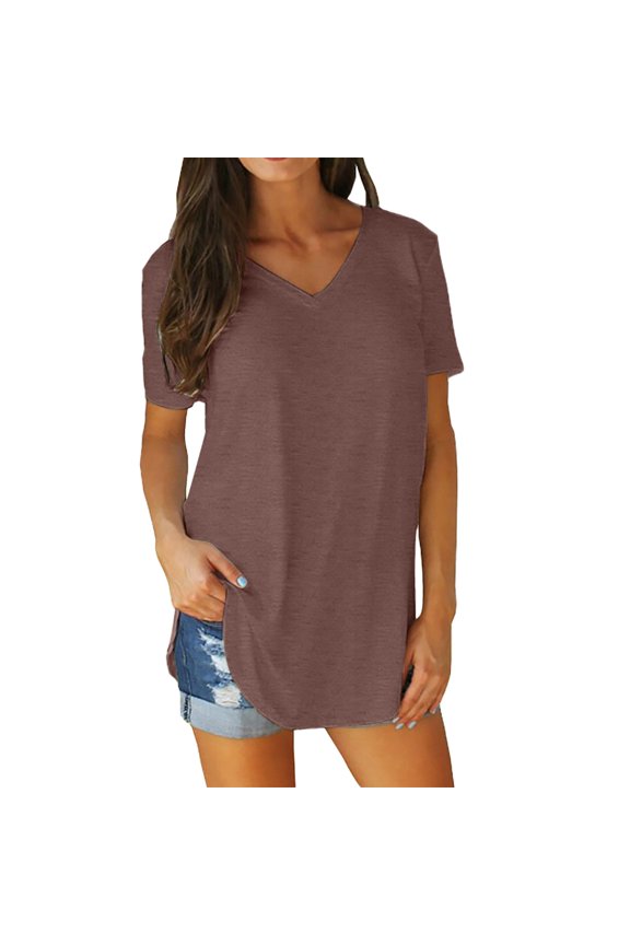 All-Match Daily Vacation Knit Tunic Tees, Classic V Neck Regular Short Sleeve Curved Arc Hem with Side Split Oversized Loose Fit Brown L
