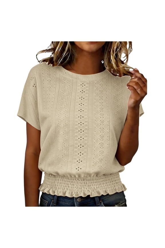 Crew Neck 1/4 sleeve Dressy Top Vintage Tshirts Casual Cottagecore Summer T Shirt boho tops for women summer Beige L