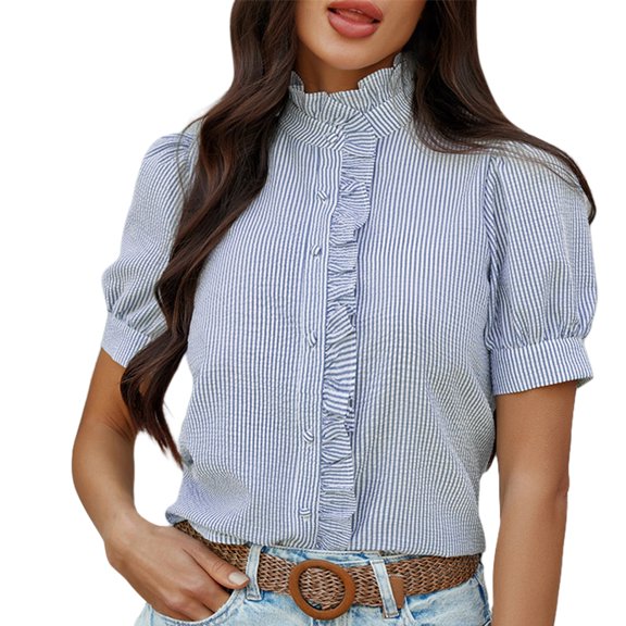 PUMXQ Light Crinkle Micro Grid Textured Blouse, Stand Mock Neck All Around Ruffle Trim, Short Puff Bubble Sleeve Full Button Office Casual Summer Shirt Blue S