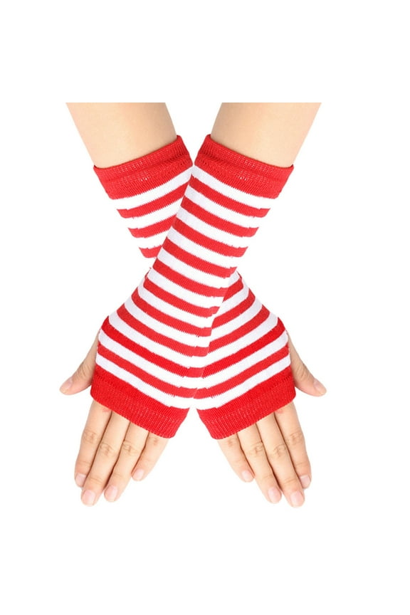 Multi Color Block Striped Soft Knit Elbow-Length Arm Warmers, Thumb Hole Fingerless Goth Emo Daily Festival Stage Accessory Red One Size