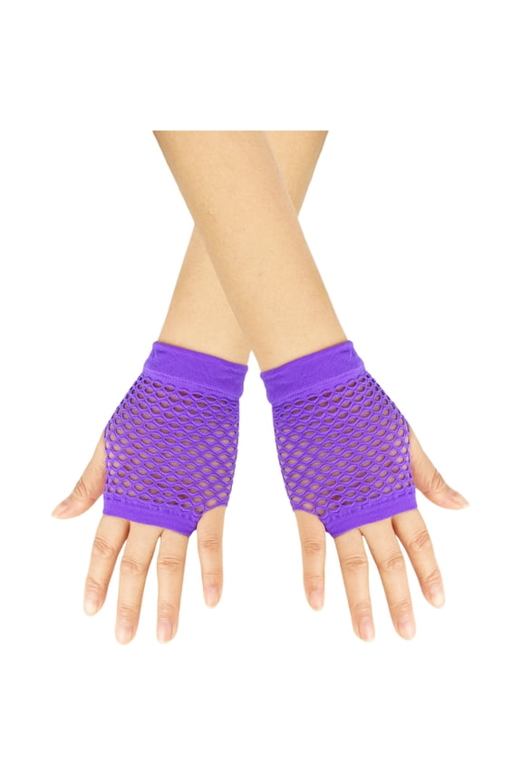 Plain Stretch Nylon Fingerless Fishnet Gloves, Short Wrist Length Multi Neon Fluorescent Cosplay Concert Party Accessory Purple One Size