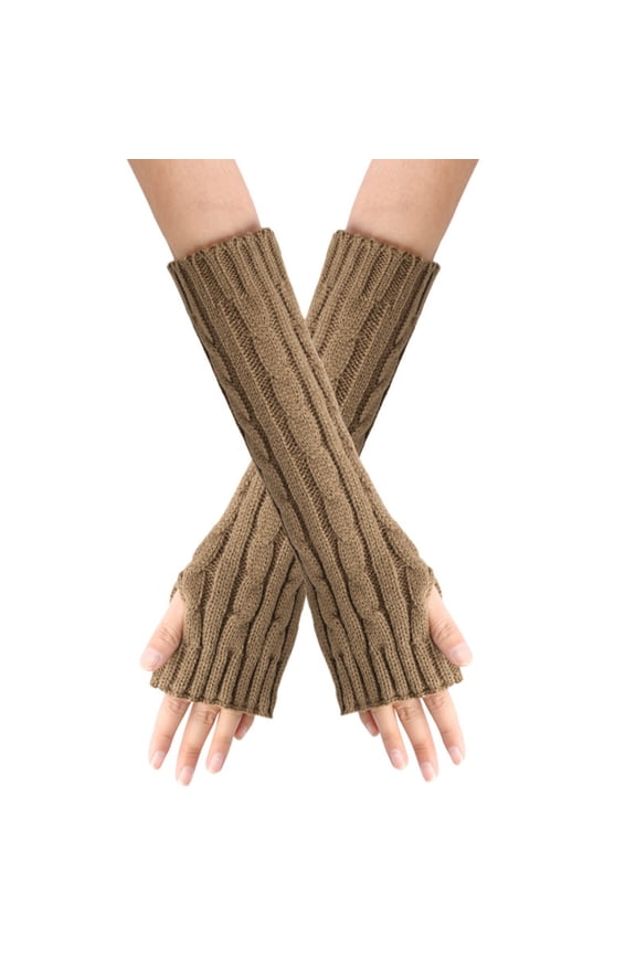 Simple Thick Cable Twist Knit Wool Blend Long Arm Sleeves, Fingerless Thumb Cutout Hole Loose Thermal Warm Mitten for Women Daily Khaki one size