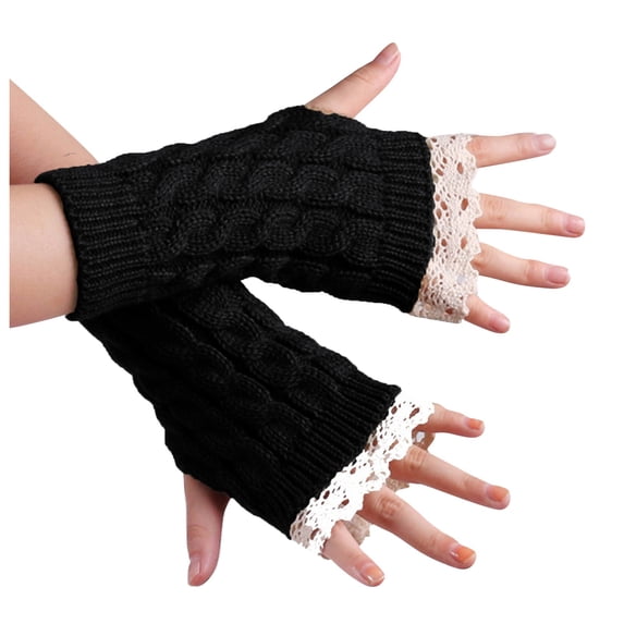 PUMXQ Soft Stretch Half Finger Knit Mittens with Long Wrist Cuff, Fingerless Gloves for Typing Driving Working Black One Size