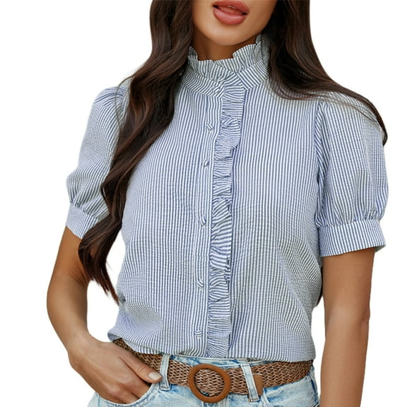 PUMXQ Stand Ruffle Mock Neck Full Button Women’s Top, Crinkle Micro Grid Fabric Full Front Ruffle Placket Short Puff Sleeve Business Daily Blouse Blue XL