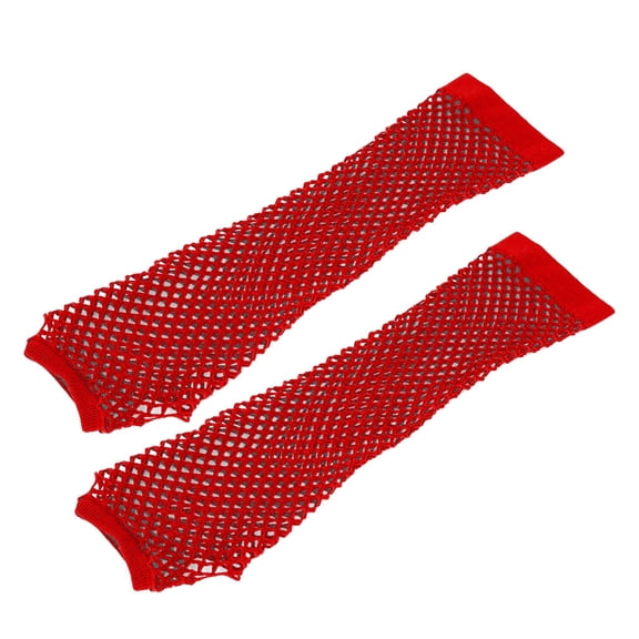 PUMXQ Stretch Elastic Fishnet Mesh Fingerless Cutout Sleeves, Long Full Arm Neon Fluorescent Cosplay Halloween Costume Accessory Red One Size