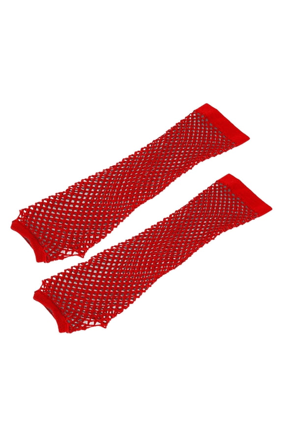 Stretch Elastic Fishnet Mesh Fingerless Cutout Sleeves, Long Full Arm Neon Fluorescent Cosplay Halloween Costume Accessory Red One Size