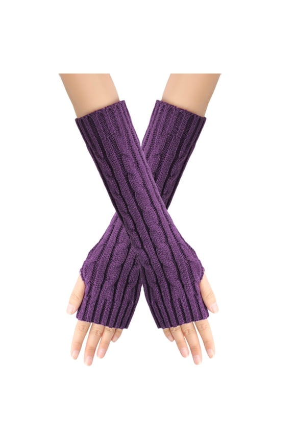 Thumb Cutout Hole Cable Knit Thermal Arm Warmers with Long Over Elbow Length, Soft Wool Blend Fingerless Loose Stretch Daily Driving Sleeves Purple One Size