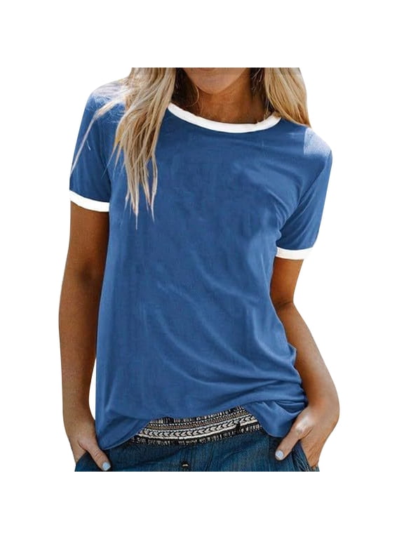 Women Soft Cotton Classic Ringer Casual T-Shirt, Main Body Contrast White Rib Binding Crew Neck with Matching Contrast Short Sleeve Cuff, Regular Fit Straight Hem Daily Basic Top Blue L