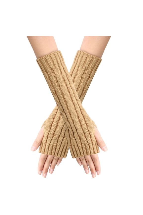 Women's Loose Stretch Thermal Long Over Elbow Mittens, Soft Wool Cable Knit Fingerless Arm Warmer with Thumb Hole Daily Office Use E One Size