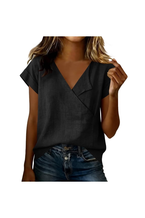 linen shirts V Neck 1/4 sleeve Basic Tees Casual Cottagecore Summer T Shirt Plus Size Tops loose summer tops for women Black L