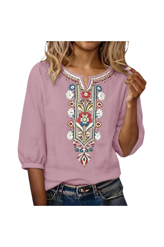 linen tops for women mexican embroidered tops for women V Neck Roll up Sleeve Dressy Top Workout Tops Casual Cottagecore Summer T Shirt trendy tops for women 2026 Pink S