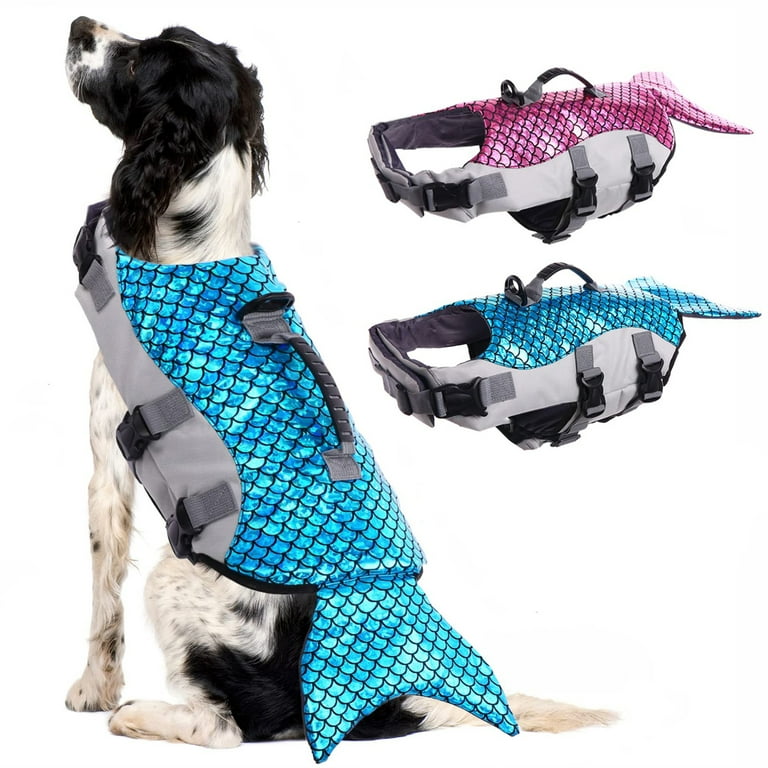 PUMYPOREITY Dog Life Jacket with Rescue Handle Reflective Dog Life Vest Adjustable Dog Life Preserver Mermaid Life Coat for Small Medium Large Dogs
