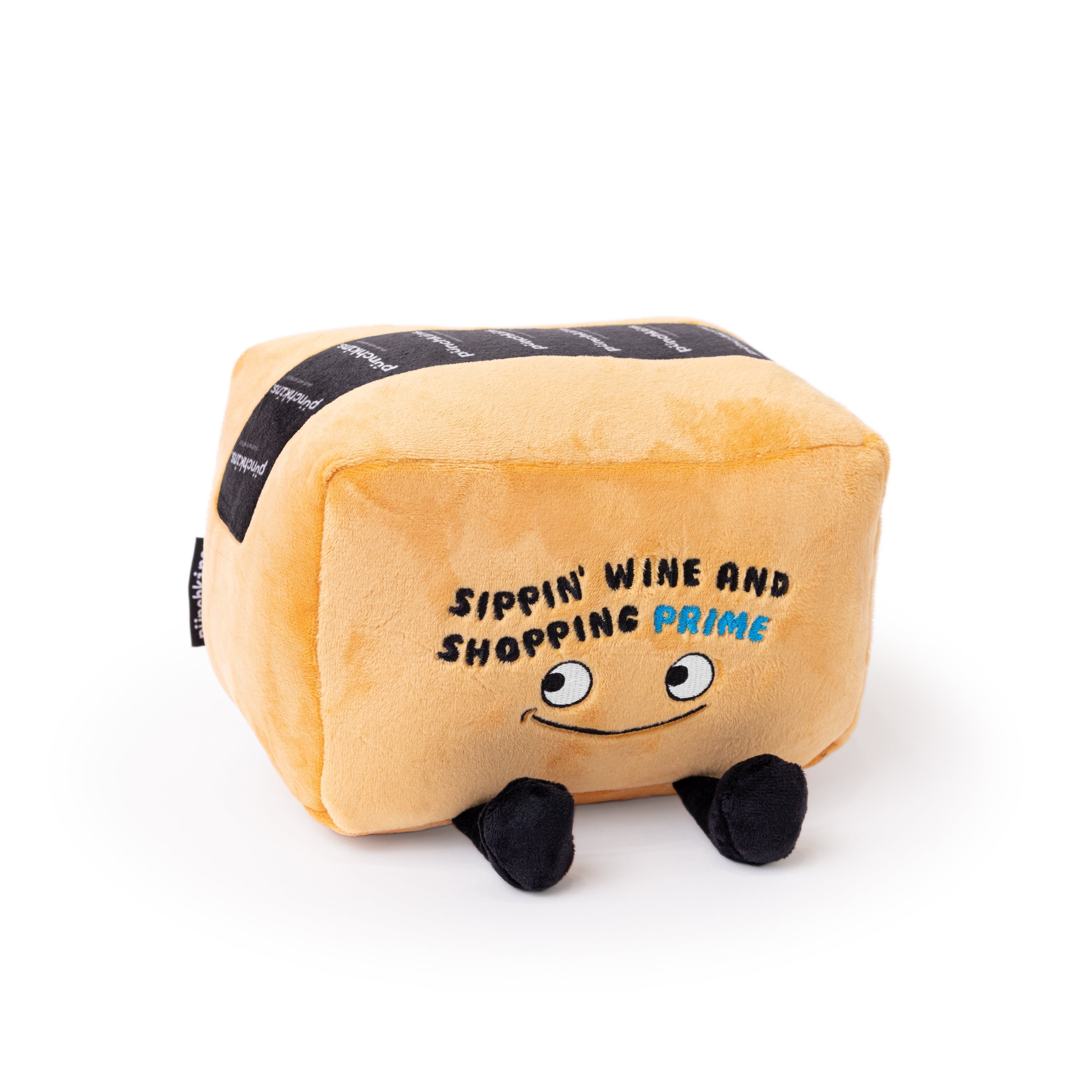 PUNCHKINS - "Sippin' Wine and Shoppin' Prime!!" Shipping Box Plushie - Funny Pun White Elephant Novelty Adult Gag Gift