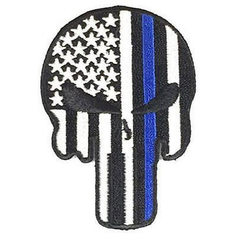 PUNISHER SKULL W/ US FLAG BACKGROUND AND THIN BLUE LINE PATCH POLICE SUPPORT
