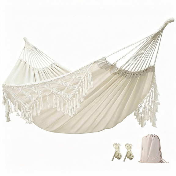 PUOOKK Boho Tassel Nest Hammock Brazilian Macrame Large Portable 2-Person Camping Double Hanging Swing Bed w Carry Bag for Indoor Outdoor Patio Use, Hammocks for Outside Beige