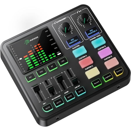 PUPGSIS Gaming Audio Mixer, Audio Interface for PC/Podcast/Streaming, Sound Board with 3.5mm/XLR Mic Input, 48V Phantom Power, Voice Changer, Live Sound Card with DJ Mixer Effects/Bluetooth/4 Channel