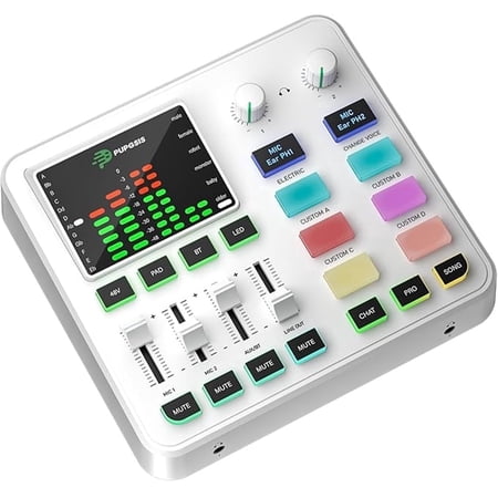 PPUPGSIS Gaming Audio Mixer, ABS Streaming Sound Card with 3.5mm XLR Input, 2 Channel , 48V Phantom Power, Voice Changer, White