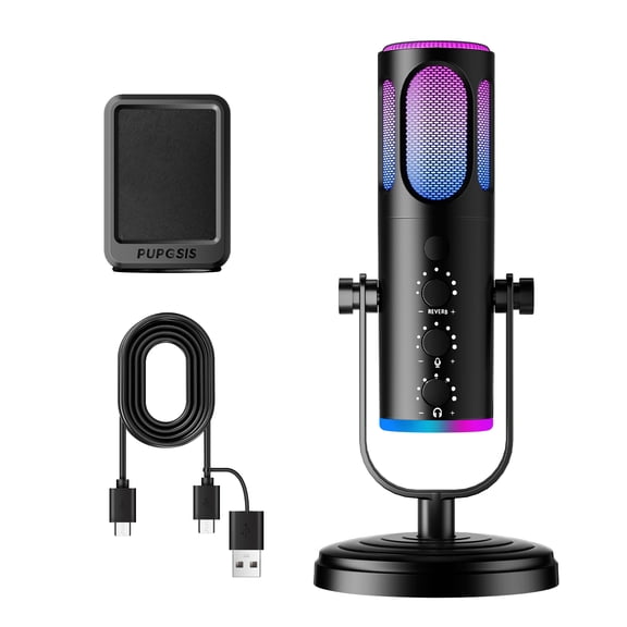 PUPGSIS USB PC Microphone, Gaming Streaming Mic for Podcast, Twitch, YouTube, Discord, Mac & Windows, Condenser Recording Microphone with Mute, Gain, Monitoring, Pop Filter, RGB Indicator