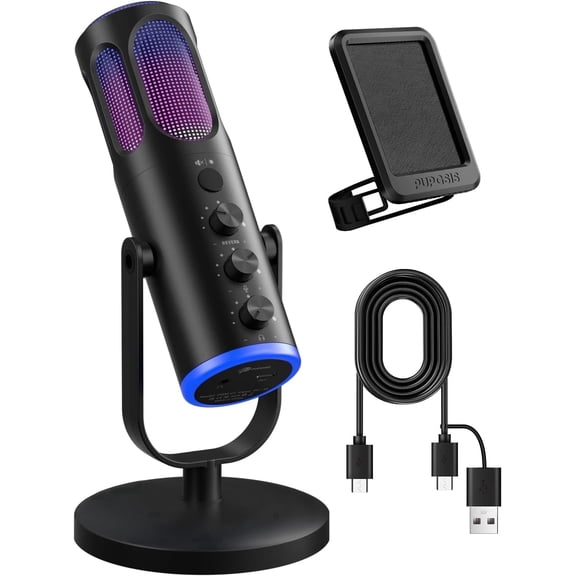 PUPGSIS USB PC Microphone, Gaming Streaming Mic for Podcast, Twitch, YouTube, Discord, Mac & Windows, Condenser Recording Microphone with Mute, Gain, Monitoring, Pop Filter, RGB Indicator