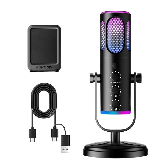 PPUPGSIS PC Microphone, Gaming Streaming Mic for Podcast, Twitch, YouTube, Discord, Mac & Windows, Condenser Recording Microphone with Mute, Gain, Monitoring, Pop Filter, RGB Indicator,USB