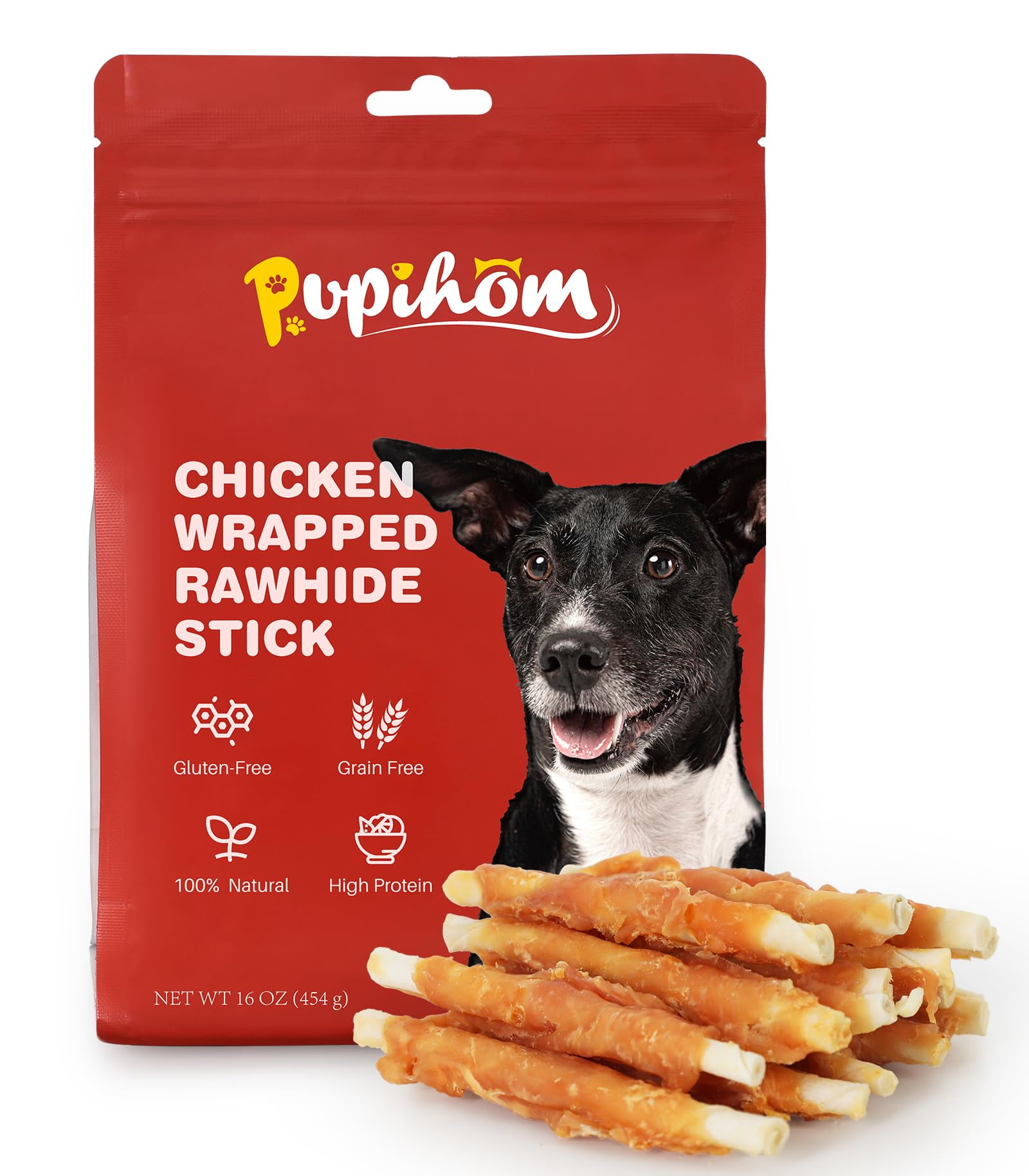 PUPIHOM Dog Training Snacks,16OZ AIF4 Chicken Wrapped Rawhide Stick Dog Treats, Grain Free