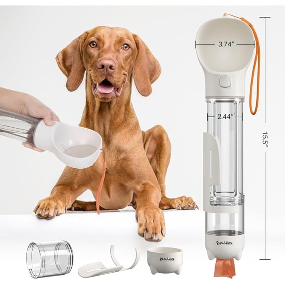 PUPIHOM 17oz 3 in 1 Portable Dog Water Bottle, Outdoor Dog Water Dispenser with Poop Bag, Pet Travel Water Bottle Dispenser with Drinking Feeder and Food Container for Dogs Walk Travel, Length 15.55"