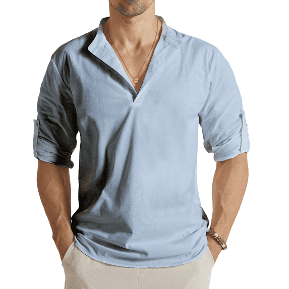PUPIU Linen Shirts for Men Long Sleeve Henley Shirts Summer Casual Button up Blue XL
