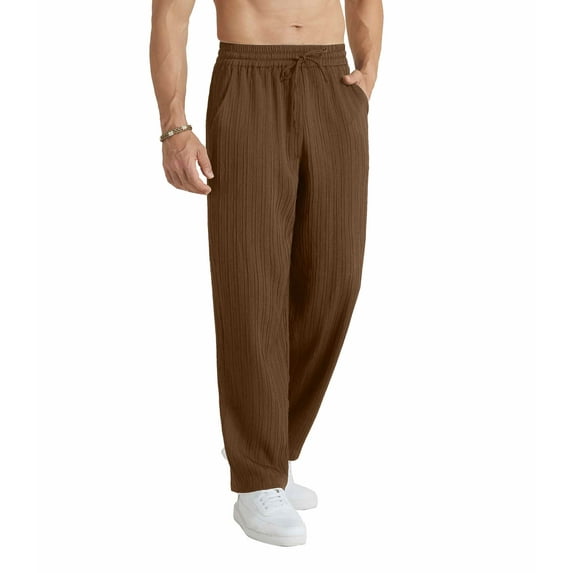 PUPIU Mens Elastic Waist Pants Drawstring Mens Lounge Pants with Pockets Summer Beach Dark Khaki M