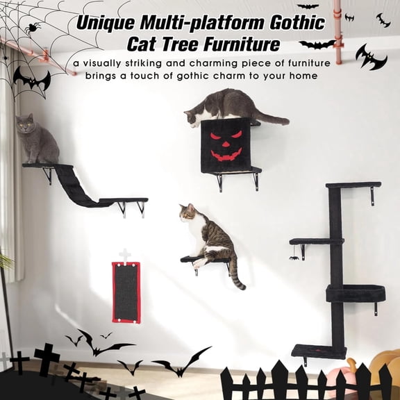 XUPIX Gothic Wall Mounted Cat Furniture Set 5 Pieces Luxury Wall Shelves Cat Climber Tree and Bridge Vertical Cats Wall Playground Black and Red