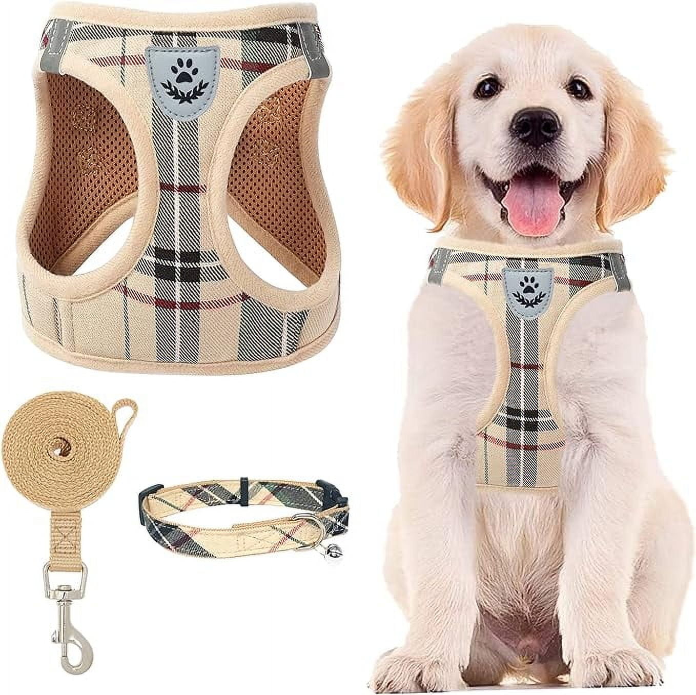 PUPTECK Adjustable Dog Harness Collar and Leash Set Step in No Pull Pet Harness for Small Medium Dogs Puppy and Cats Outdoor Walking Running, Soft Mesh Padded Reflective Vest Harnesses, Beige S