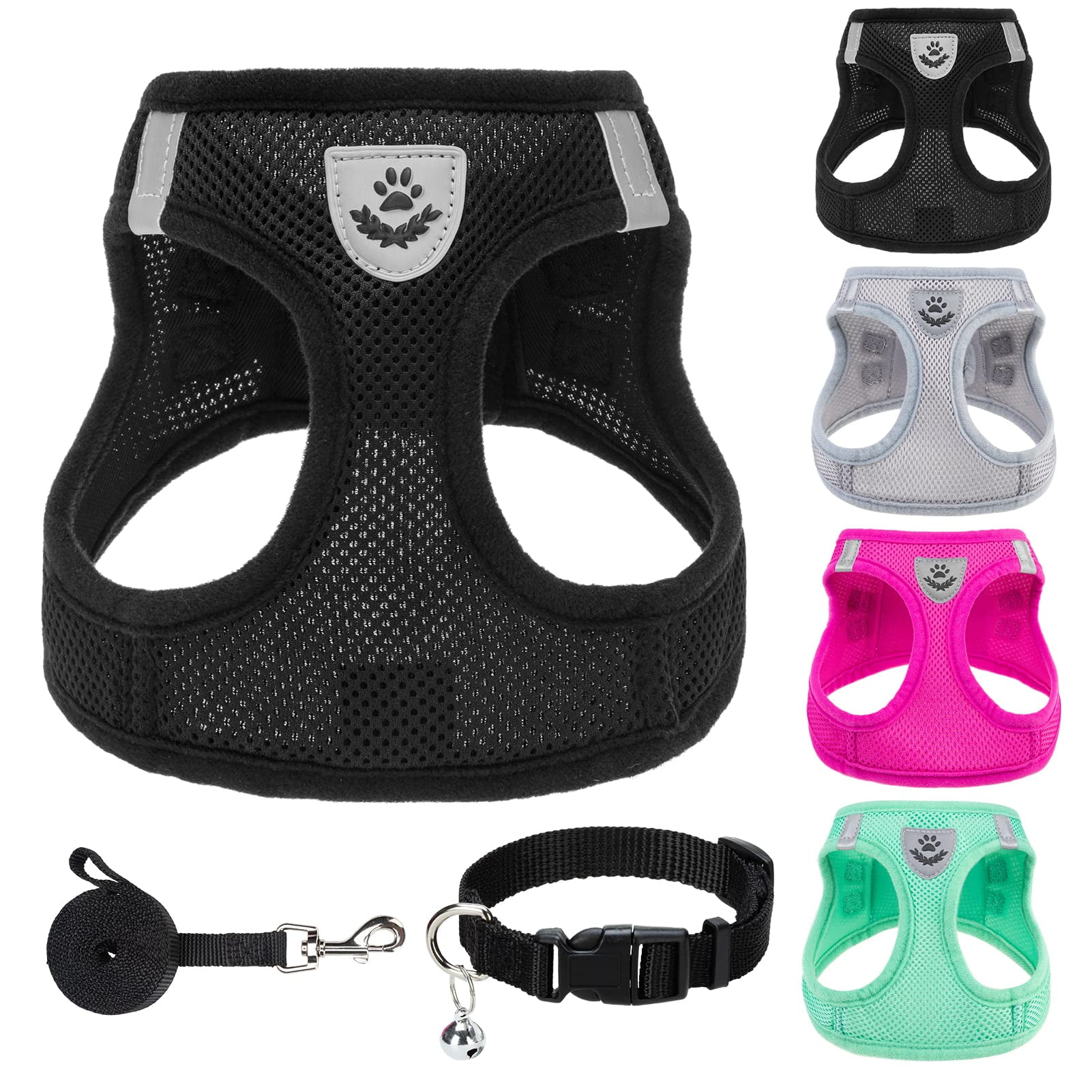 PUPTECK Adjustable Dog Harness Collar and Leash Set Step in No Pull Pet Harness for Small Medium Dogs Puppy and Cats Outdoor Walking Running, Soft Mesh Padded Reflective Vest Harnesses, Solid Black M