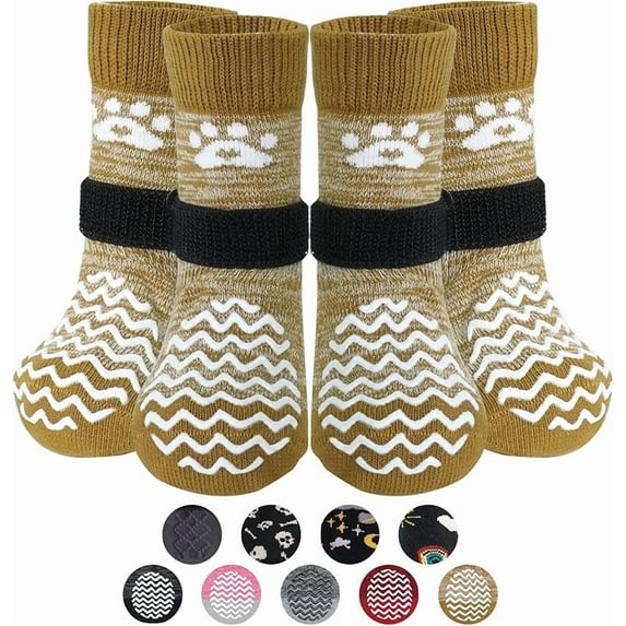 PUPTECK Anti Slip Dog Socks 2 Pairs with Double Grippers for Hardwood Floors, Shoes for Hot/Cold Pavement, Boots & Paws Protectors to Prevent Licking, Traction Booties for Senior Small Large Dogs