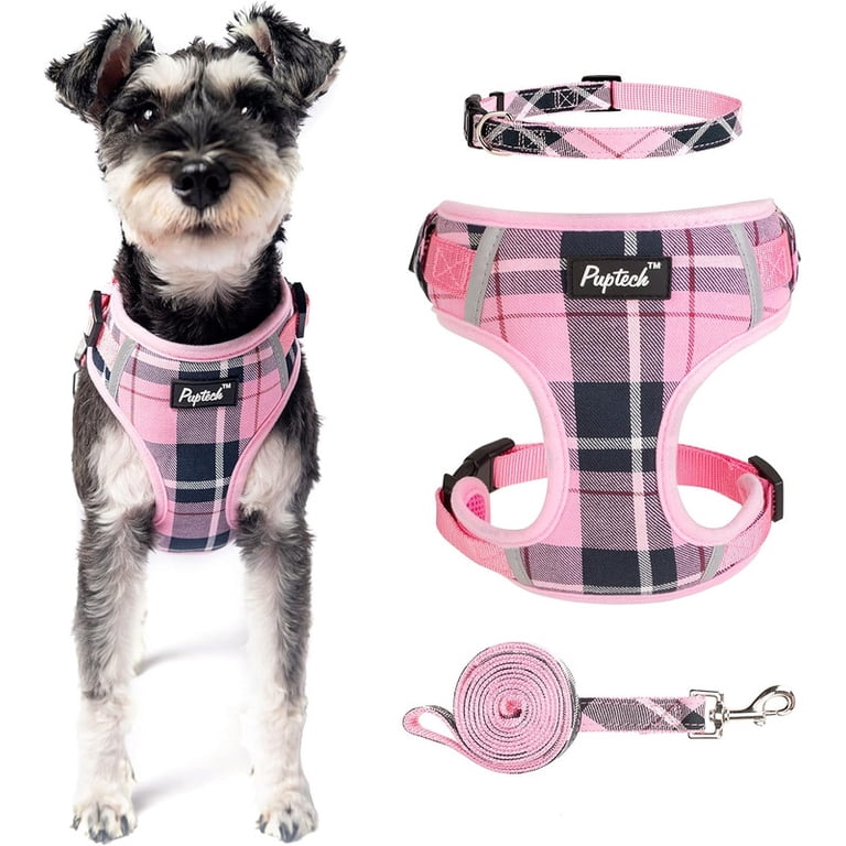 PUPTECK Soft Mesh Dog Harness & Leash Set - No-Pull Padded Vest For Dogs & Puppies, Green/Yellow Plaid, Size L