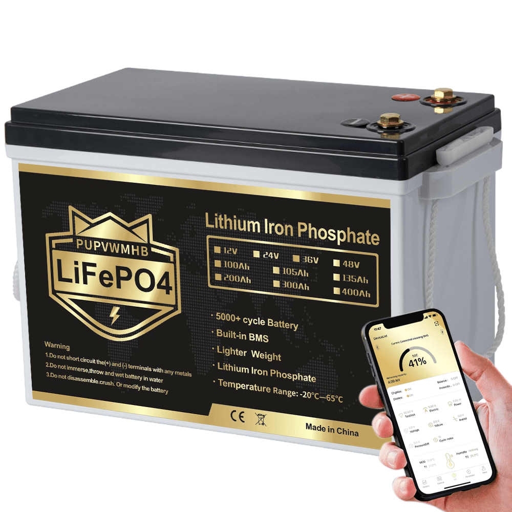 PUPVWMHB 12V 300Ah MINI LiFePO4 Lithium Battery, Bluetooth Lithium Battery, 200A BMS, up to 15000 Cycles, Max.3840Wh Energy with Low Temp Cut off, Perfect for RV, Solar, Trolling Motor