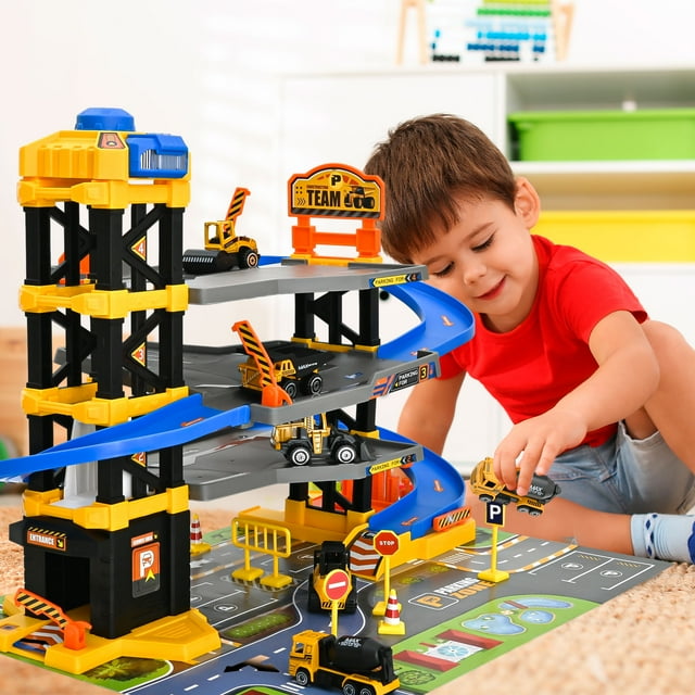 PUPWER Kids' Toy Garage Set with Elevator, 6 Alloy Cars, Race Tracks