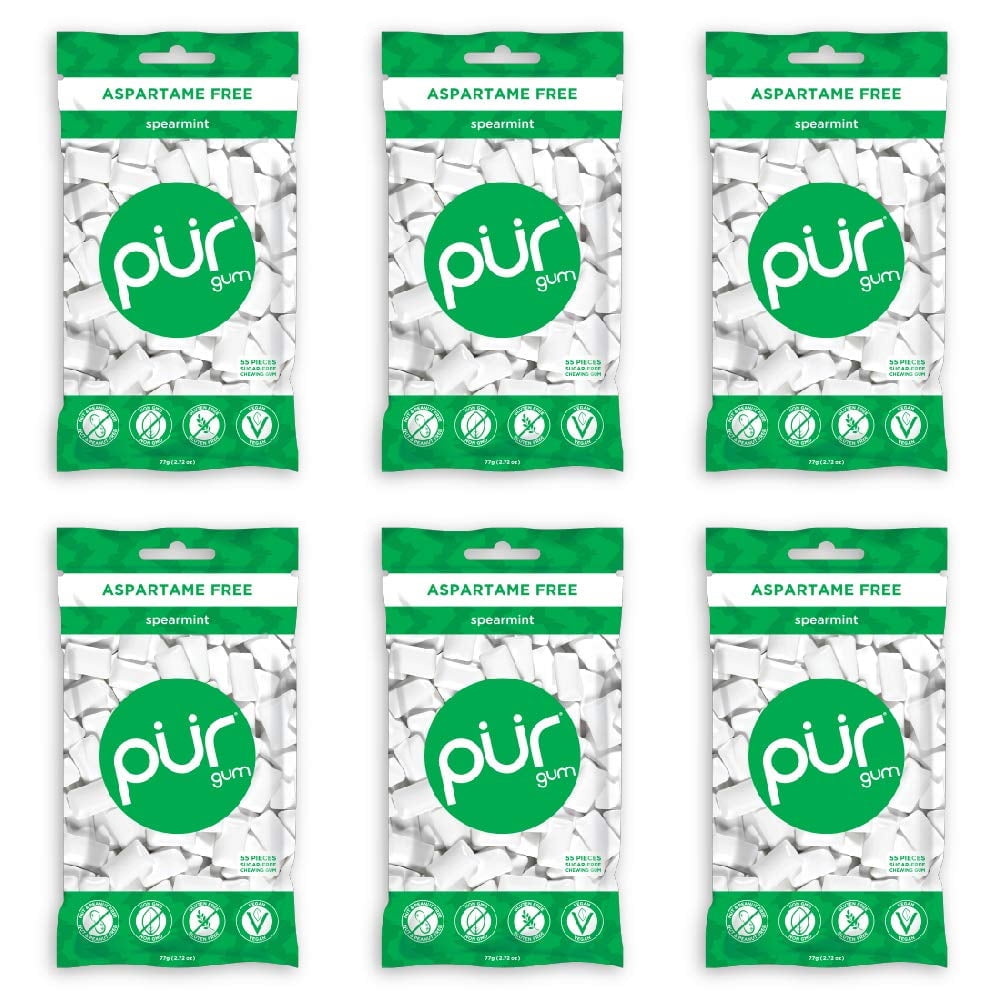 PUR 100% Xylitol Chewing Gum, Spearmint, Sugar-Free + Aspartame Free, Vegan + non GMO, 55 Count (Pack of 6)