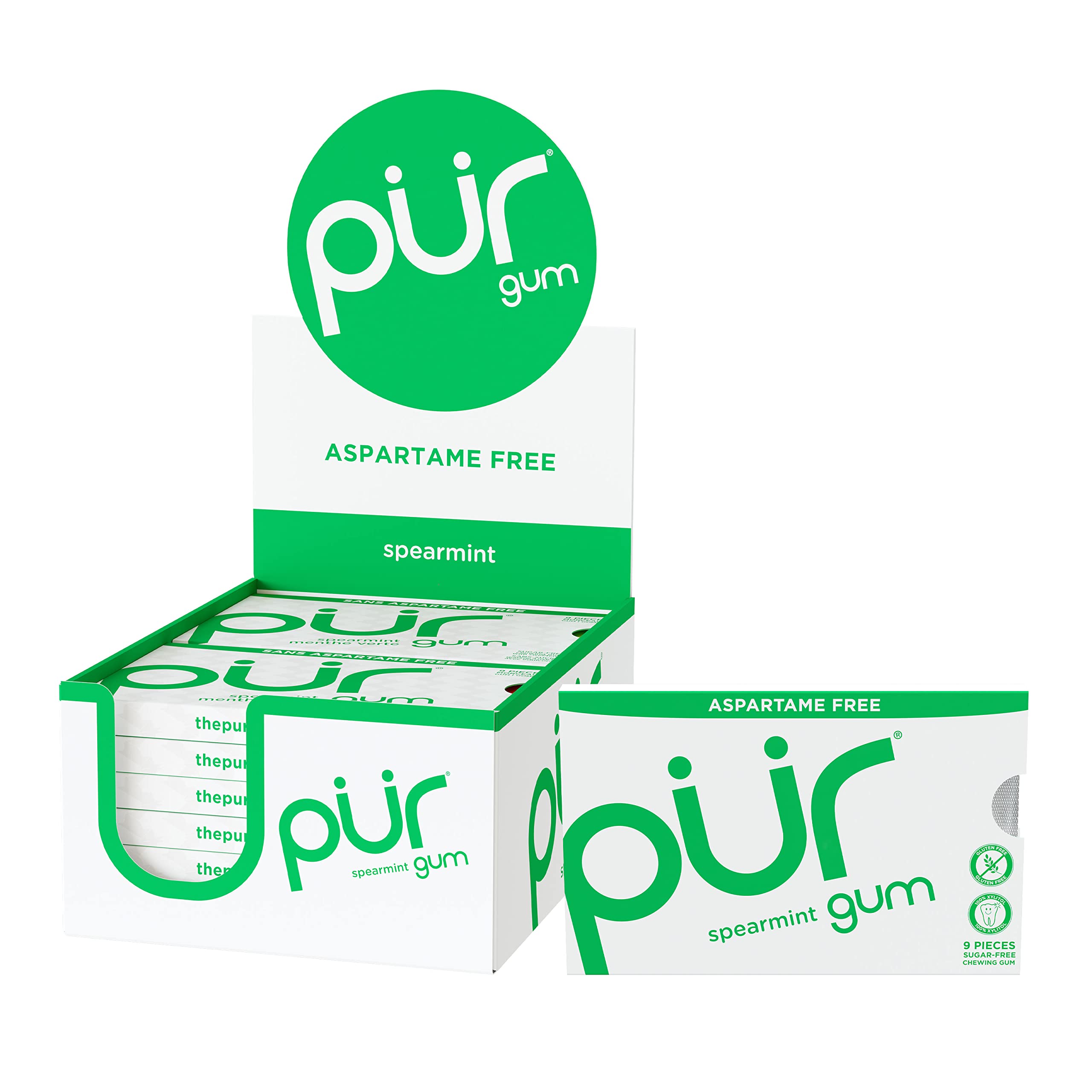 PUR 100 Xylitol Chewing Gum, Sugarless Spearmint, Sugar Free
