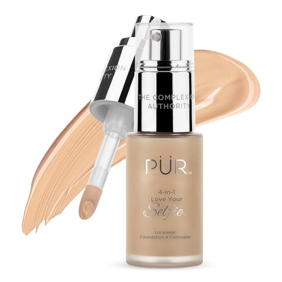 PÜR MINERALS 4-in-1 Love Your Selfie Longwear Foundation & Concealer Full Coverage Liquid Foundation, Hydrating Formula, Cruelty Free,Beige