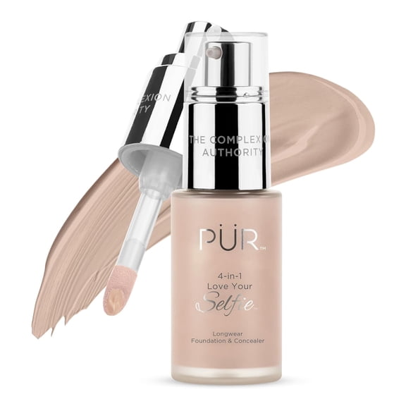 PÜR MINERALS 4-in-1 Love Your Selfie Foundation & Concealer - Longwear Medium-to-Full Coverage Liquid Makeup Foundation with Hydrating Blend for Refined-Looking, Natural Beauty Glow & Skin Texture