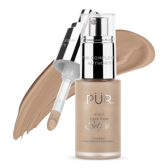PÜR MINERALS 4-in-1 Love Your Selfie Longwear Foundation & Concealer Full Coverage, Hydrating Formula, Cruelty Free, 1.7 F. Oz.,Latte/TN1