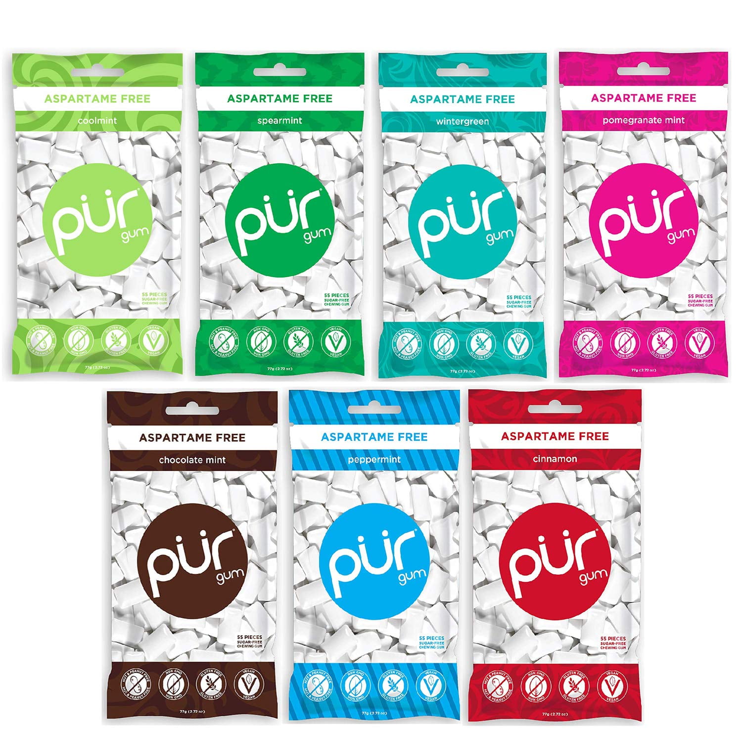 PUR GUM 100% Xylitol Chewing Gum, Cool Mint,Spearrmint,Wintergreen ...