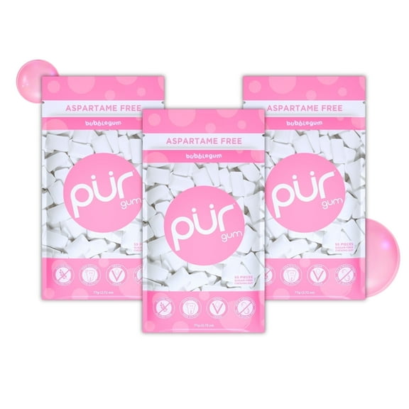 PUR Gum, Aspartame Free, Sugar Free & 100% Xylitol, Bubblegum Chewing Gum, 55 Pieces, Pack of 3