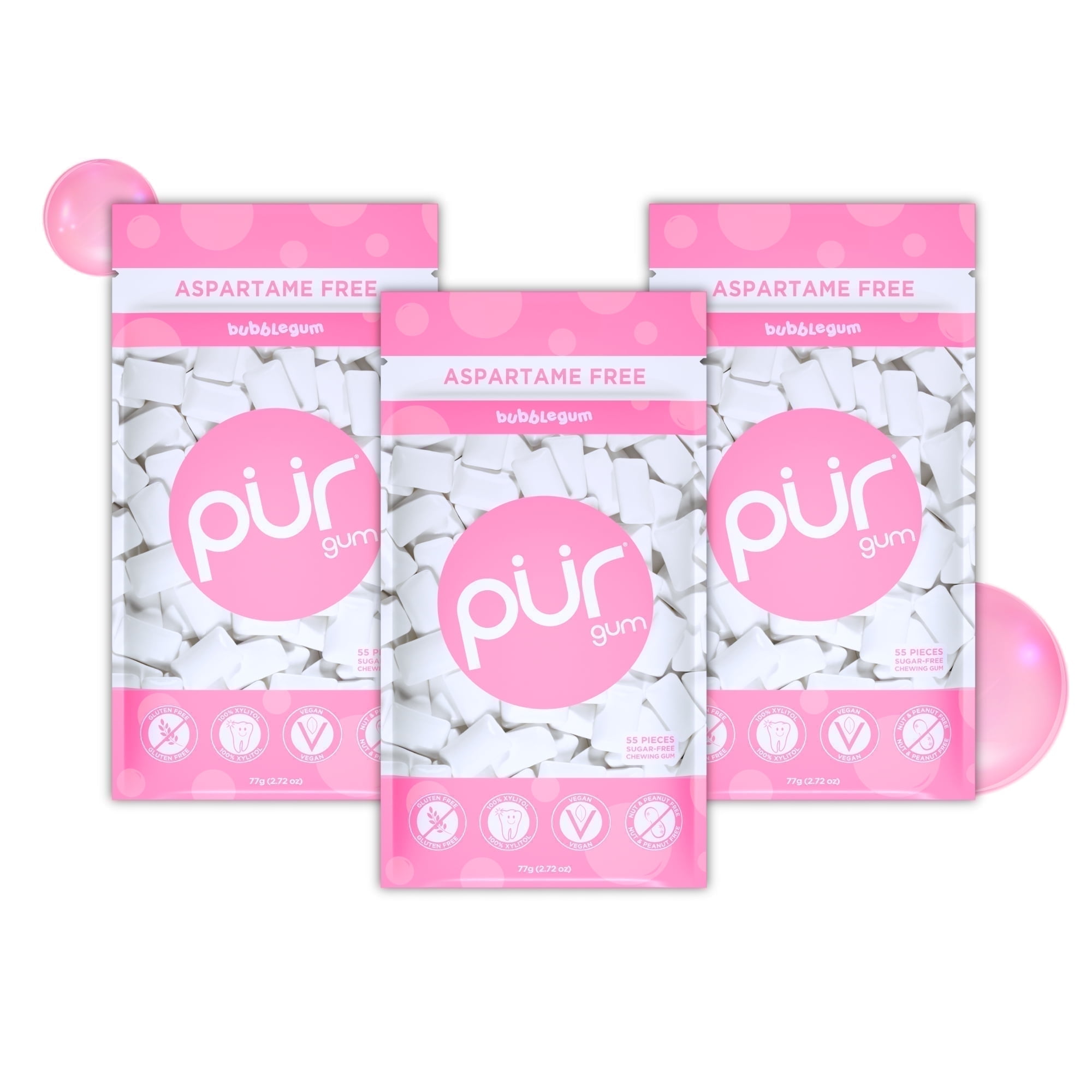 PUR Gum, Aspartame Free, Sugar Free & 100% Xylitol, Bubblegum Chewing Gum, 55 Pieces, Pack of 3