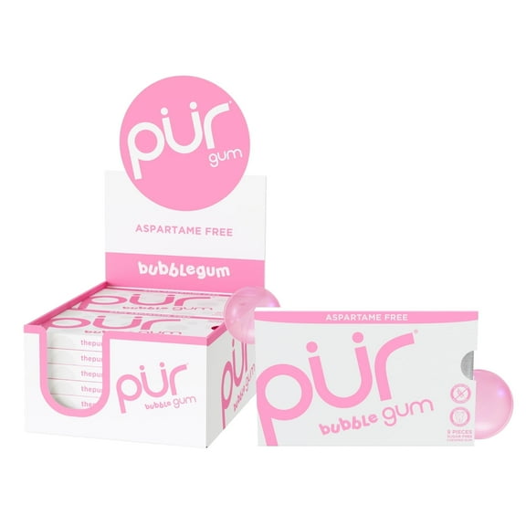 PUR Gum, Aspartame Free, Sugar Free & 100% Xylitol, Bubblegum Chewing Gum, 9 Pieces, Pack of 12
