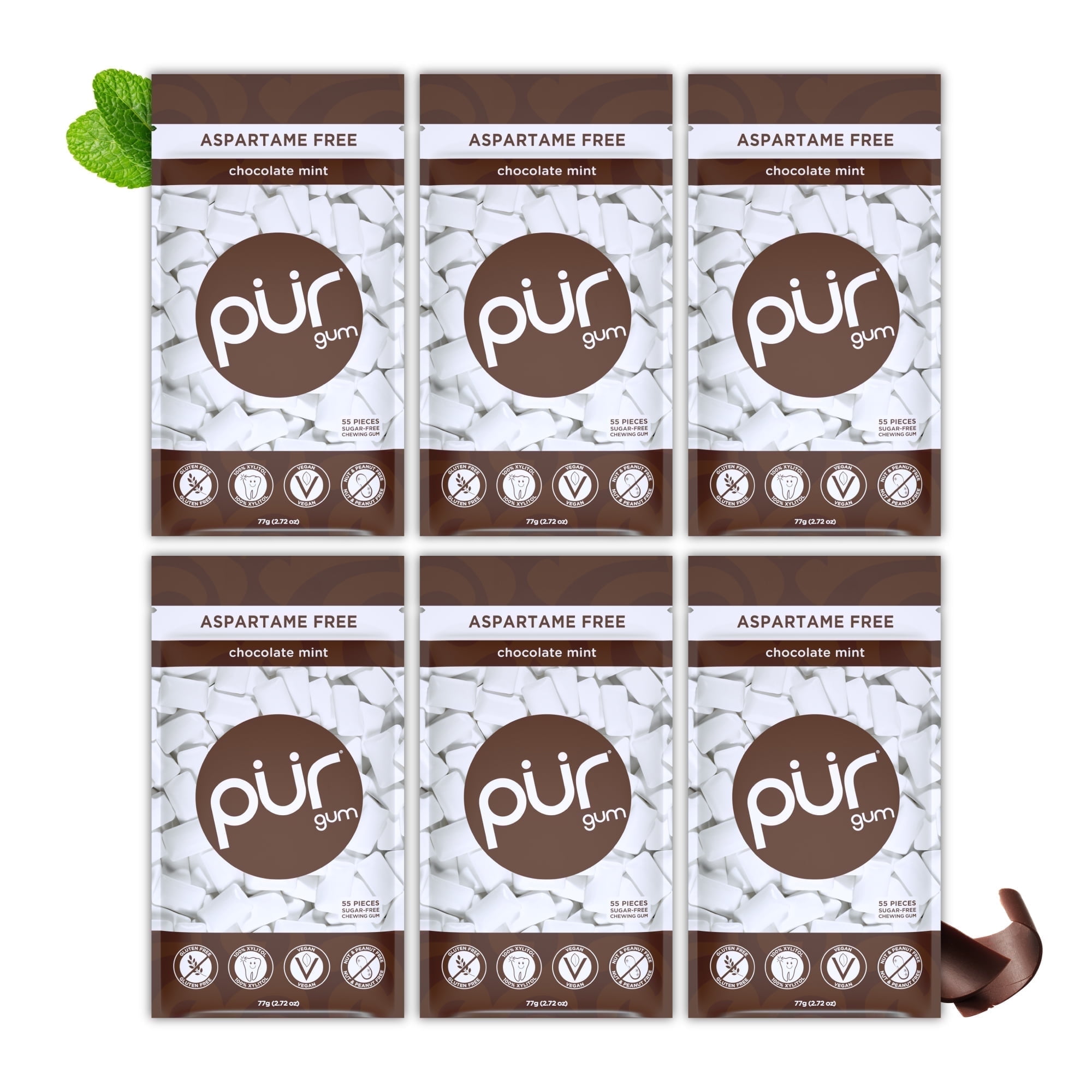PUR Gum, Aspartame Free, Sugar Free & 100% Xylitol, Chocolate Mint Chewing Gum, 55 Pieces, Pack of 6