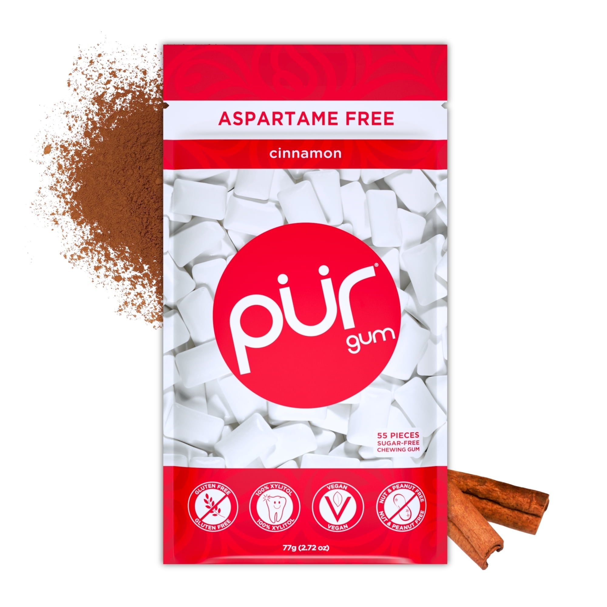 PUR Gum, Aspartame Free, Sugar Free & 100% Xylitol, Cinnamon Chewing Gum, 55 Pieces, Pack of 1